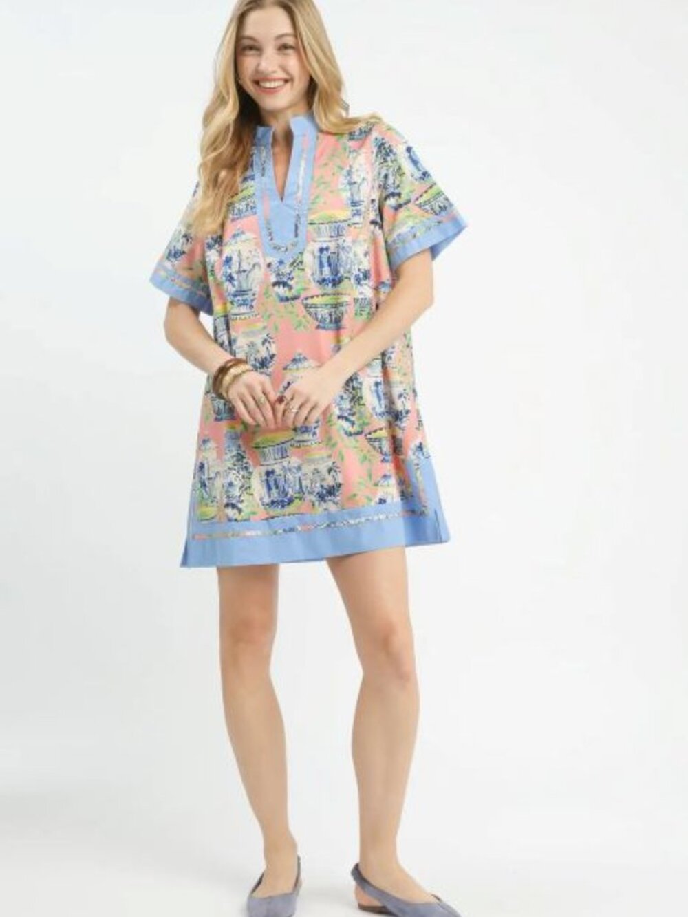 Umgee Mix Abstract Print Mini Dress-Coral Mix🛍️
